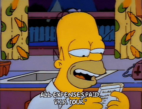 Homer Simpson reading out, "All expenses paid, VIP tour."