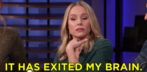 A woman saying, "It has exited my brain."