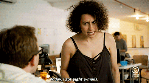A woman saying, "Today, I got eight e-mails."