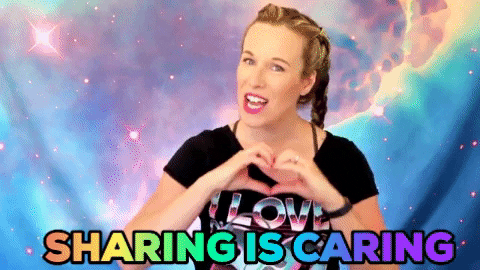 A woman making a heart shape with her hands and saying, "Sharing is caring."