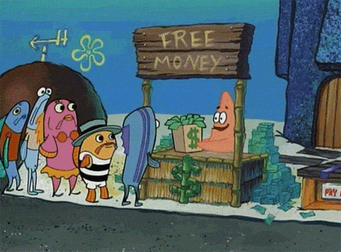 A cartoon starfish handing out a bag of cash under a sign saying "Free Money."