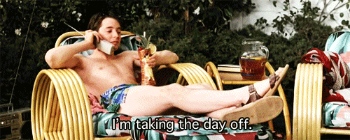 A teenage boy lounging and saying, "I'm taking the day off."