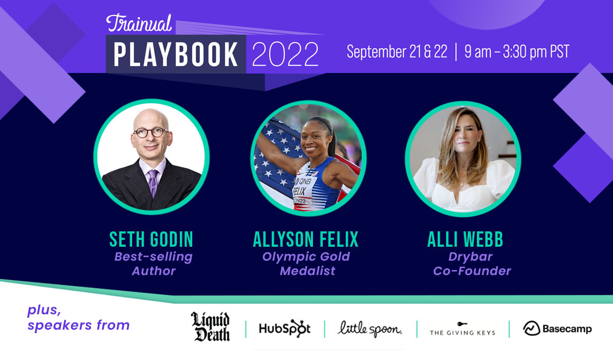 Trainual Playbook 2022 banner featuring Seth Godin, Allyson Felix, and Alli Webb.