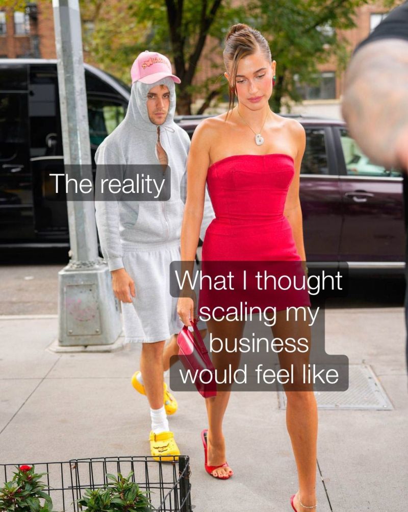 Man "the reality" following woman "What I thought scaling my business would feel like"