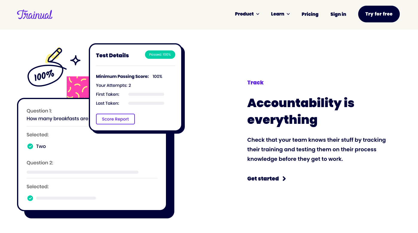 Photo: Screenshot of a webpage from Trainual. Text saying: "Accountability is everything. Check that your teams knows their stuff by tracking their training and testing them on their process knowledge before they get to work."