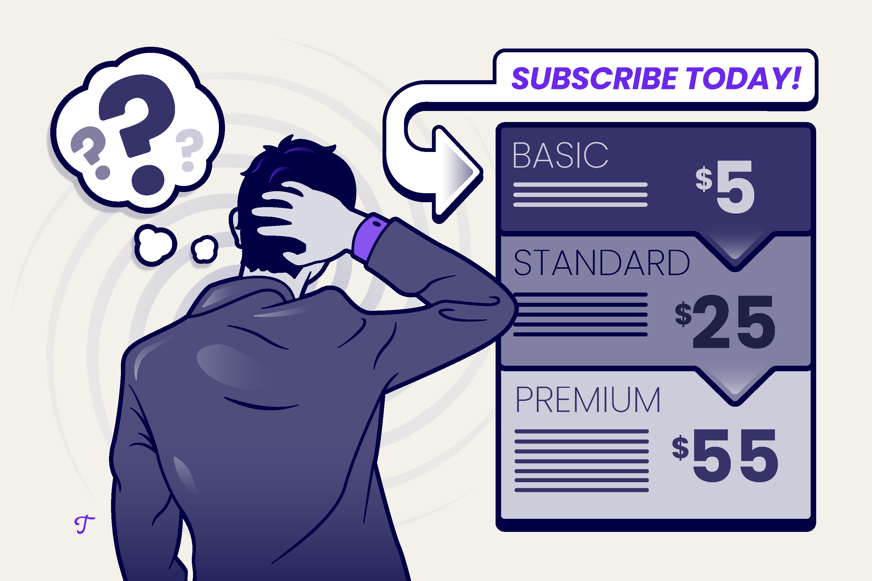 A man scratching his head as he considers subscription model choices.