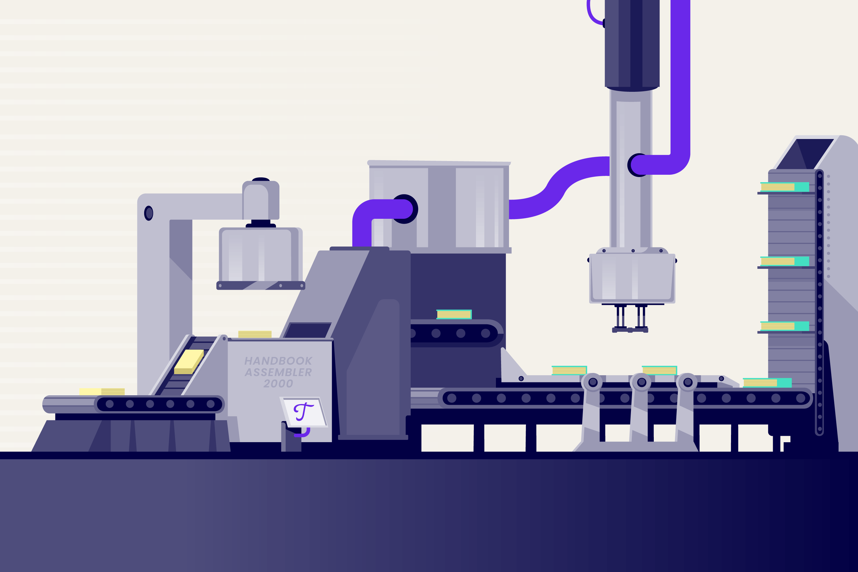An assembly line labeled "Handbook Assembler 2000."