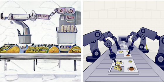 Two diffrerent side by side graphics of robot arms making tacos on a conveyer belt.