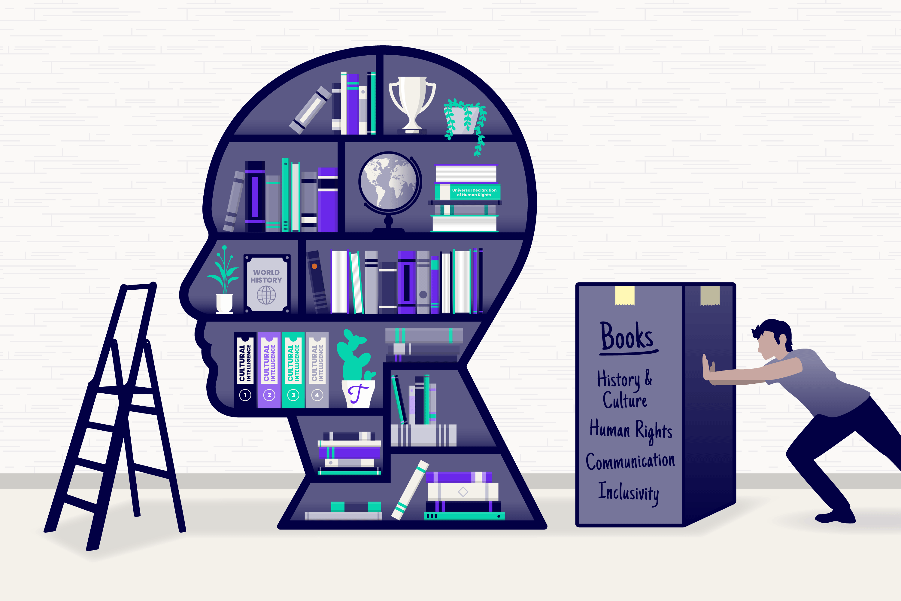 A man pushing a box of books toward a human head-shaped bookcase.