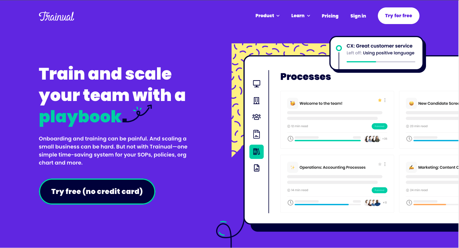 Website homepage with a bright purple background, overlayed software, and text saying "Train and scale your team with a playbook"