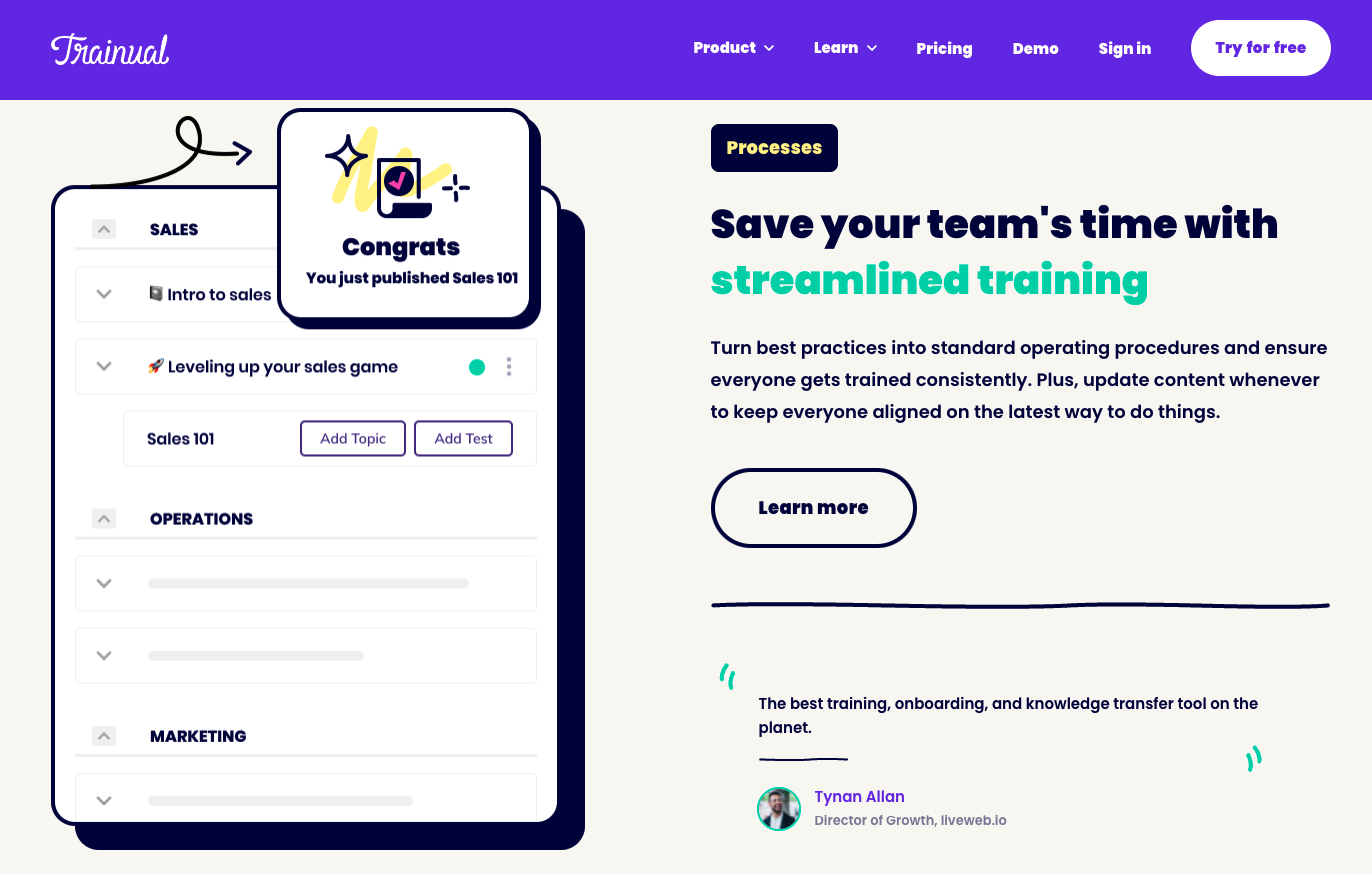 A screenshot of the Trainual website, "Save your team's time with streamlined training."