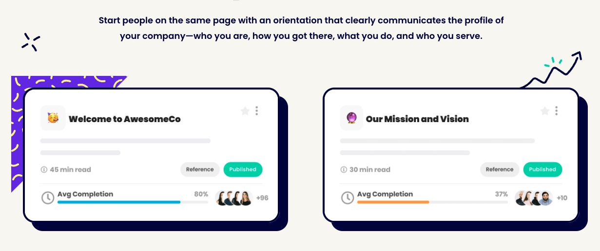 Trainual task completion trackers about "Welcome to AwesomeCo" and "Our Mission and Vision."