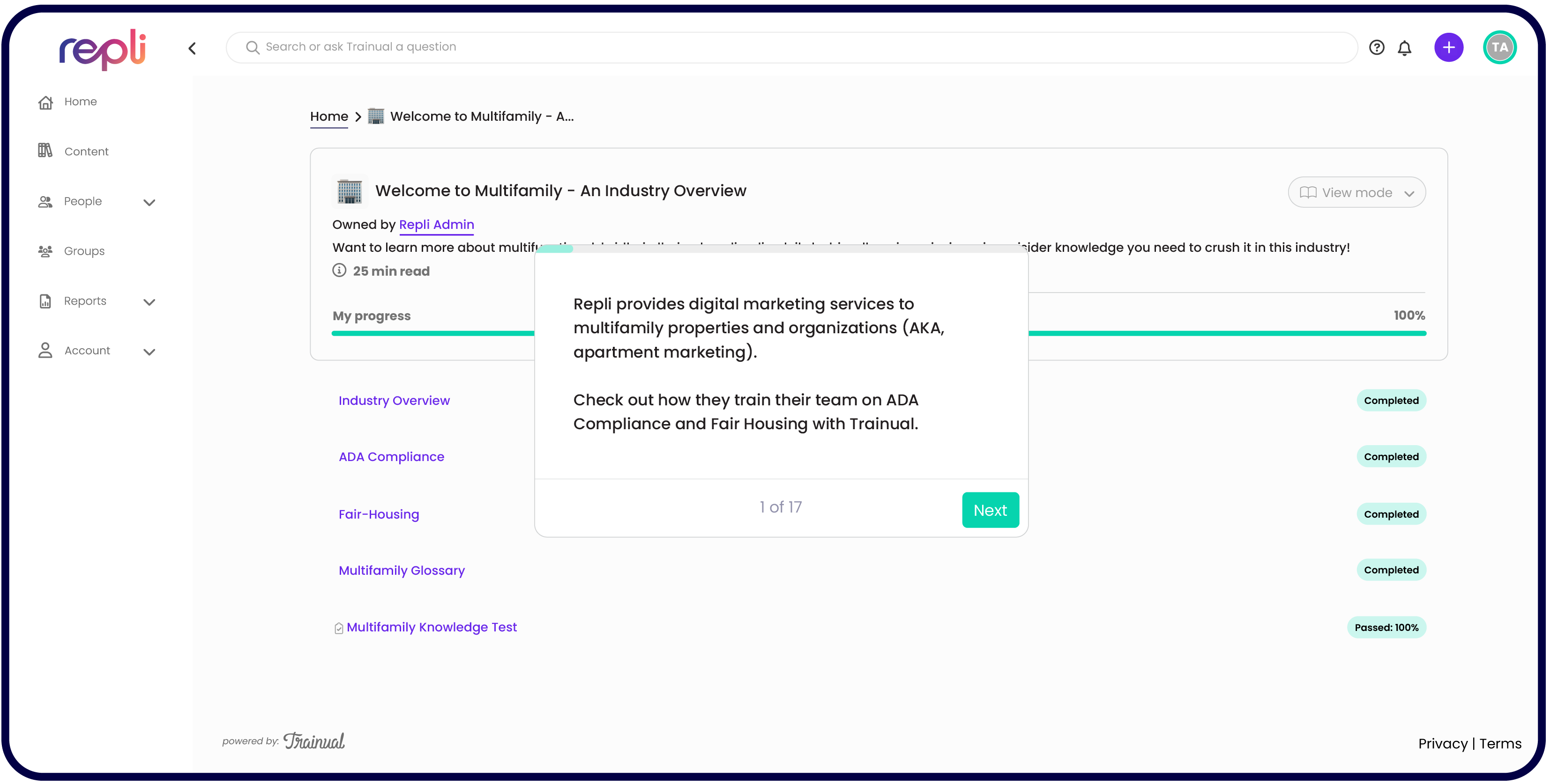 Trainual tour for customer Repli