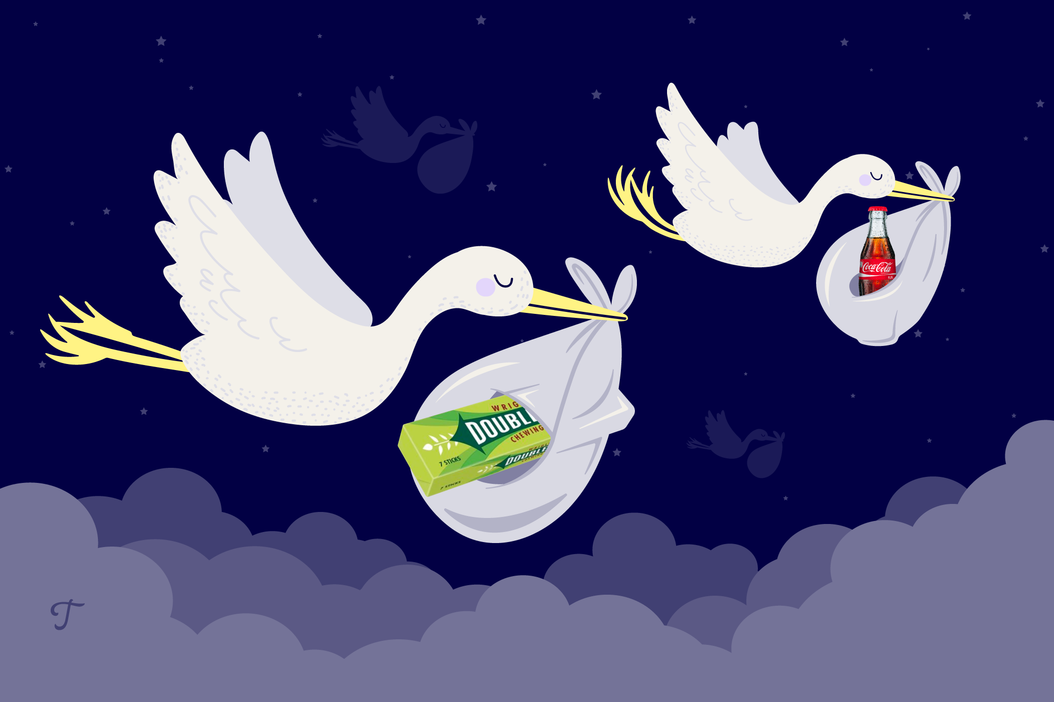 One stork carrying a pack of Wrigley's gum. Another carrying a bottle of Coca-Cola.